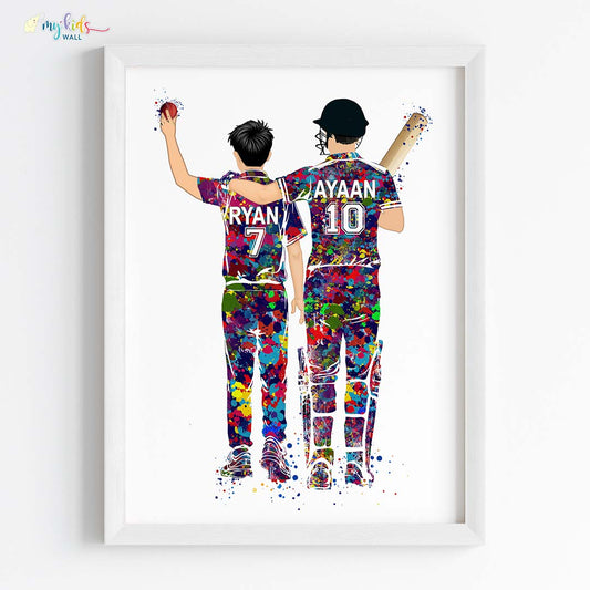 Cricket Champs Batsman & Bowler Brother Personalized Wall Art (Framed)