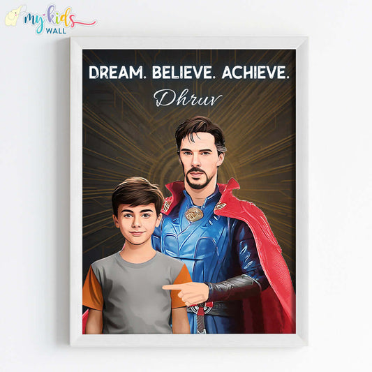 Doctor Strange portrait wall art featuring a child in white frame
