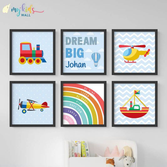 Inspirational decorative quote blue wall art set of 6 black frame