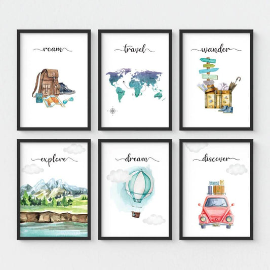 Motivational Travelling wall art set of 6 black frame