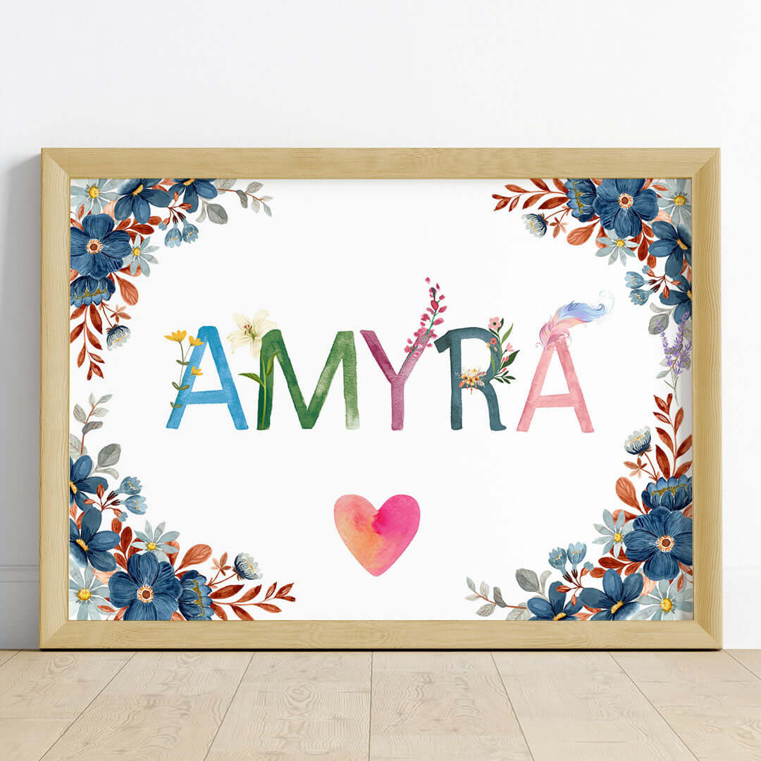 Flowers Feathers Personalised Name Wall Art (Framed) 11x15 inch Hang with regular hooks Natural