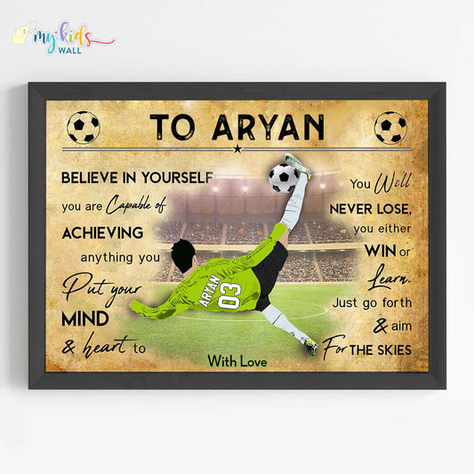 Motivational football player boy bicycle kick wall art black frame