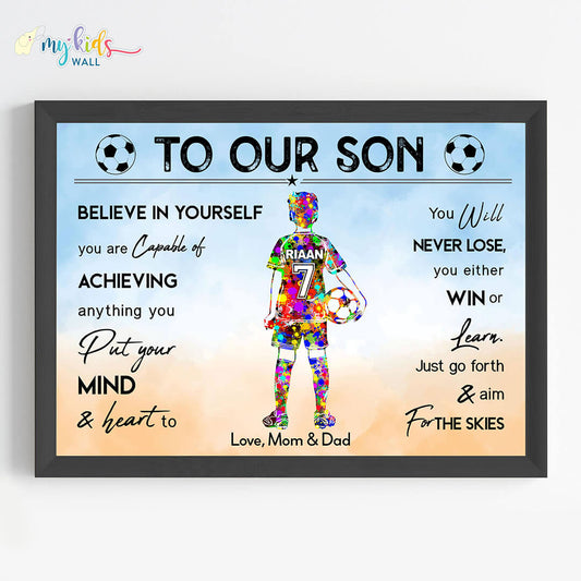 Motivational football player boy multicolor wall art black frame