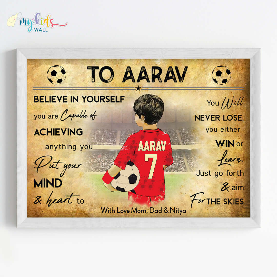 Motivational football player boy wall art white frame