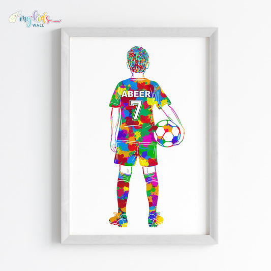 Football Player Kid Personalised Wall Art Framed Multicolor White