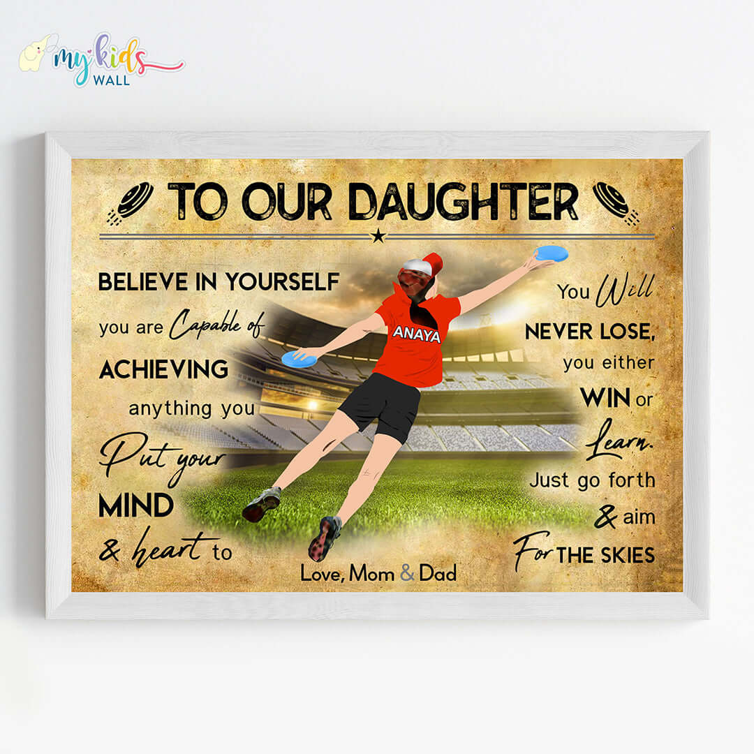 Motivational frisbee player girl wall art white frame