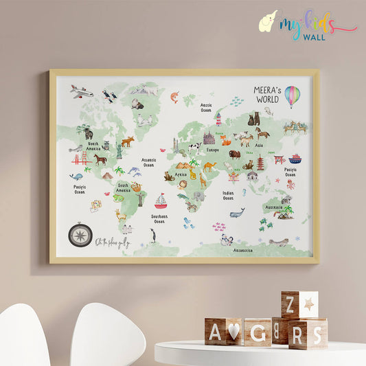 Fun & learn green animals world map wooden frame