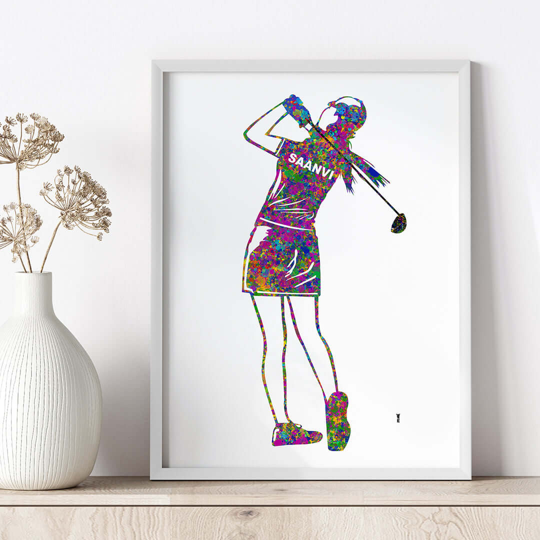 Inspirational golf player girl wall art white frame