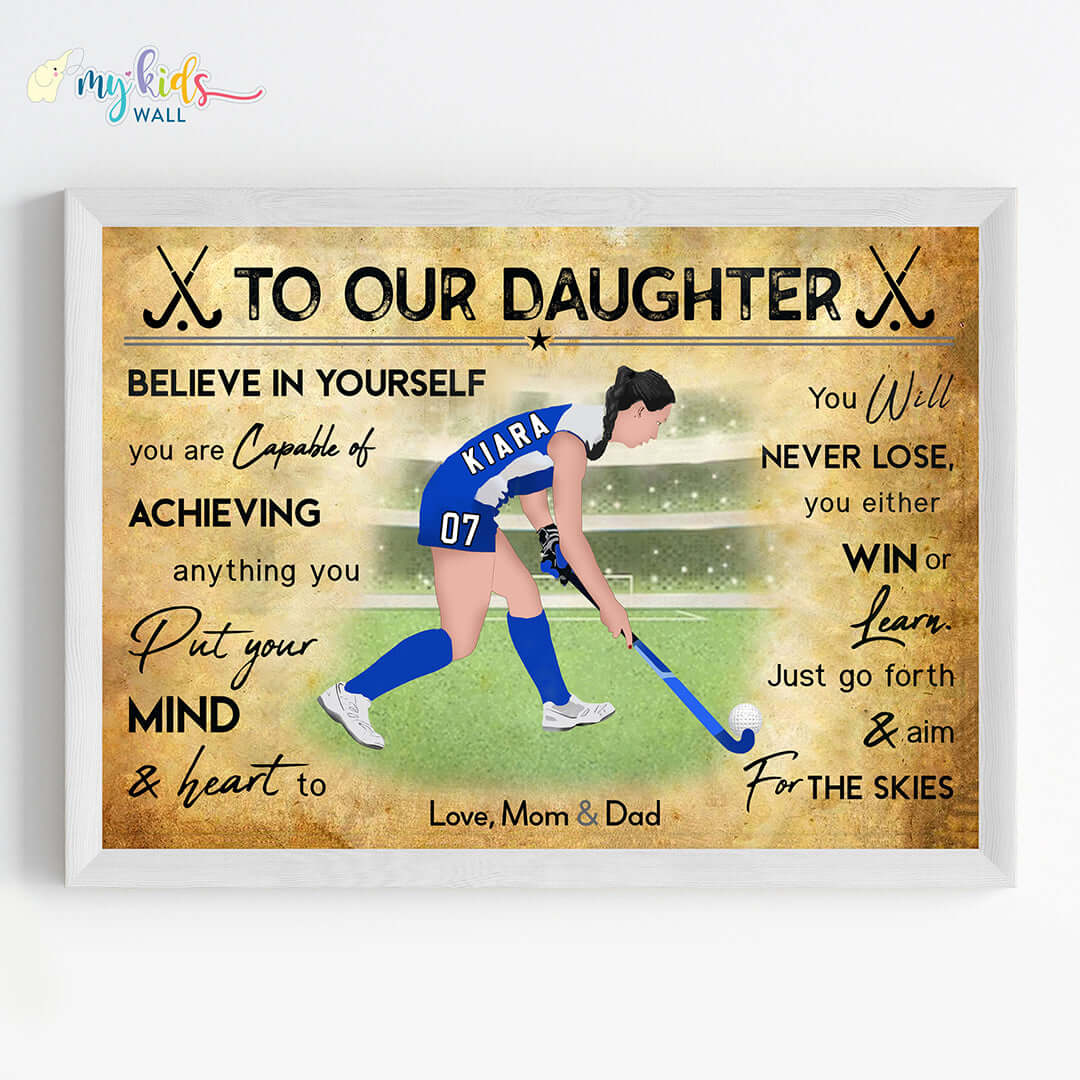Motivational hockey player girl wall art white frame