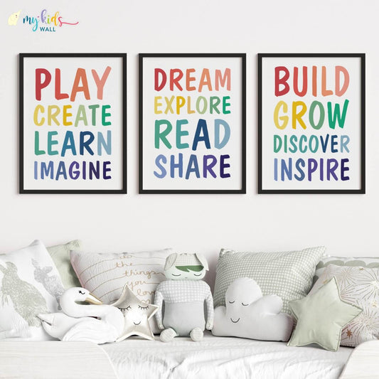 Inspirational kid's playroom set of 3 wall art black frame