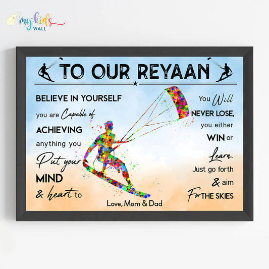 Motivational kite foil racing wall art black frame