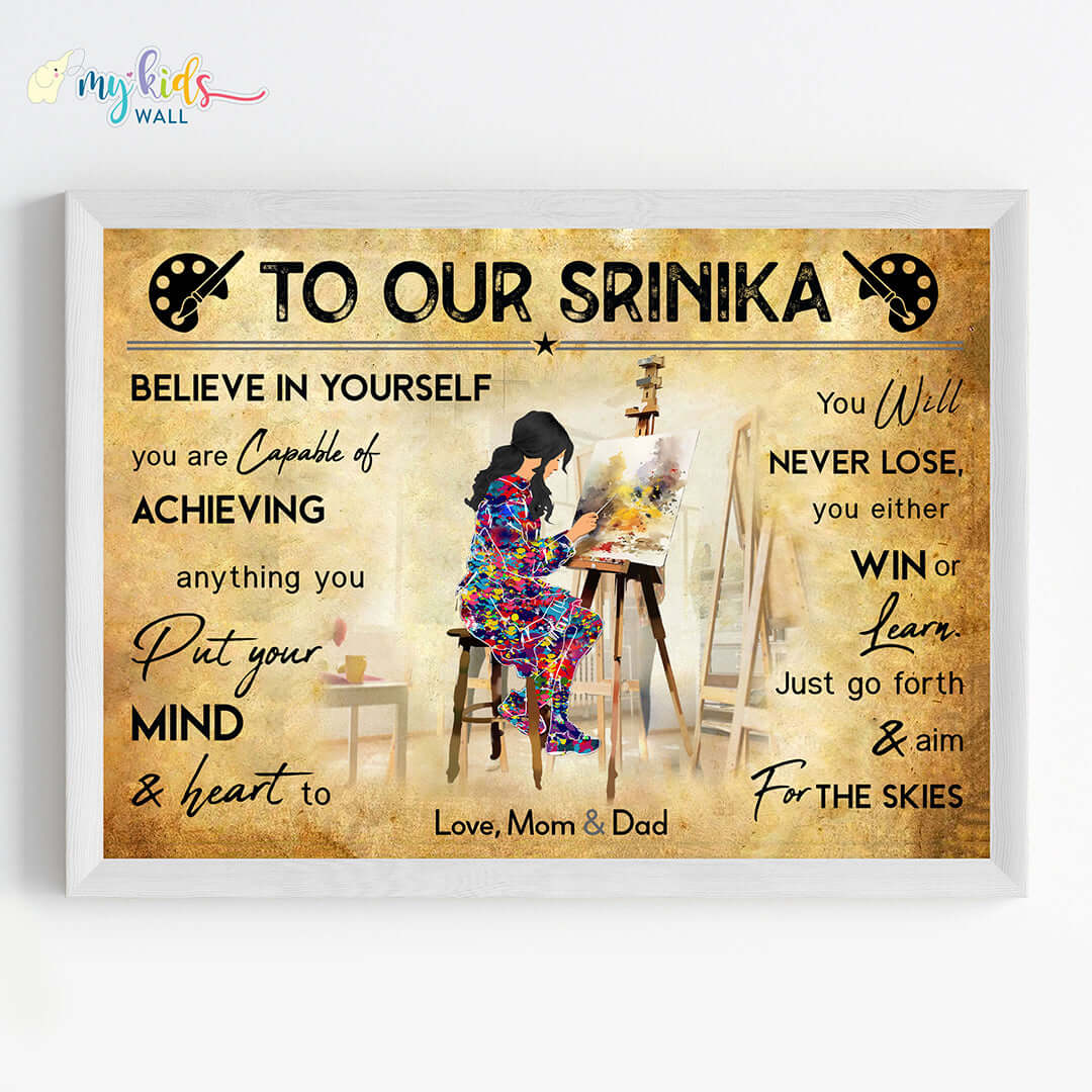 Motivational painting artist girl wall art white frame