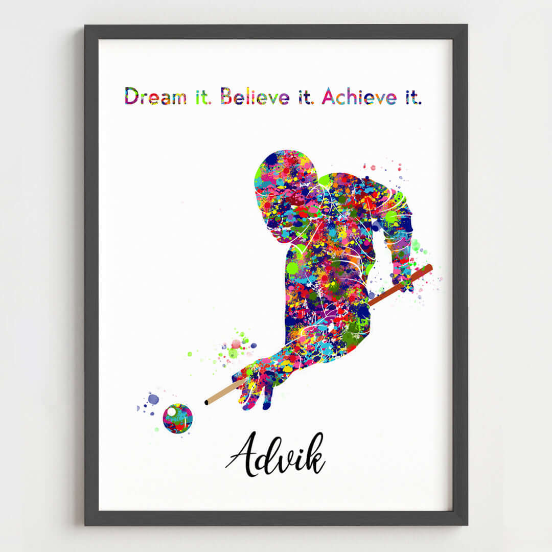Inspirational pool player boy wall art black frame