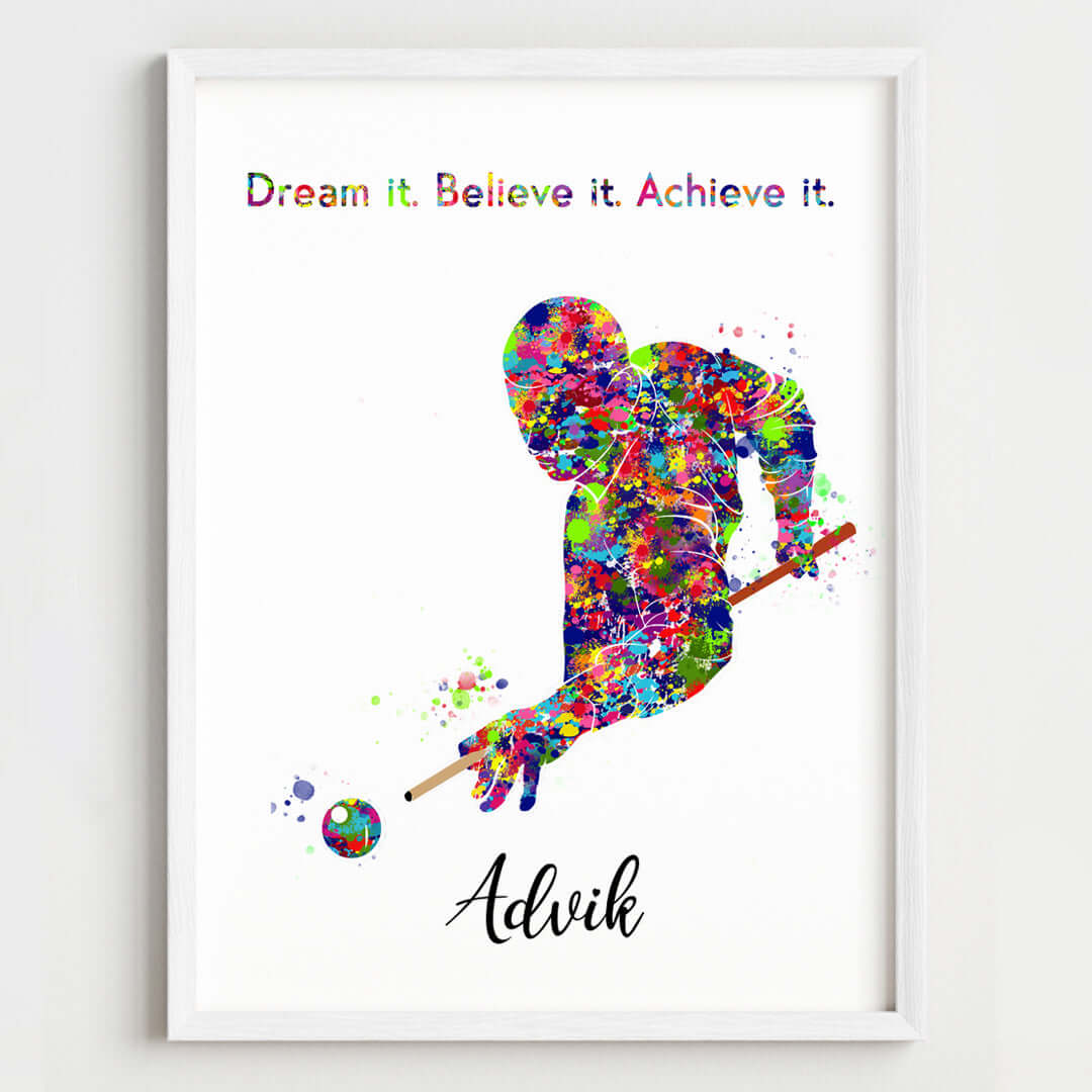Inspirational pool player boy wall art white frame