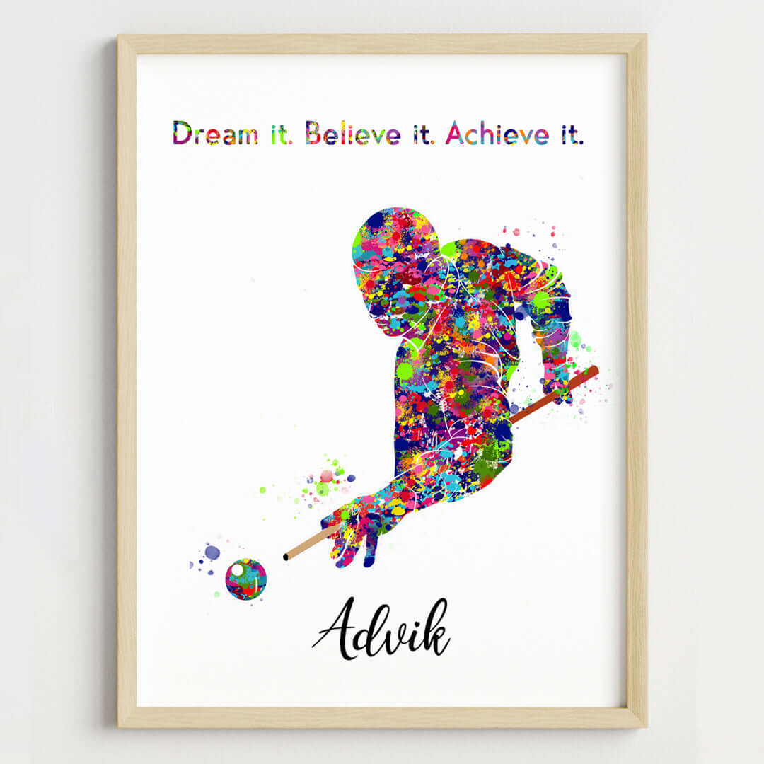 Inspirational pool player boy wall art wooden frame