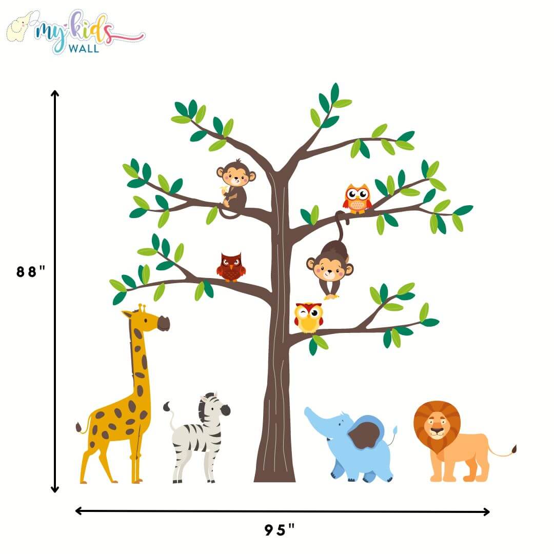Safari Tree with Cute Animals Wall Stickers size