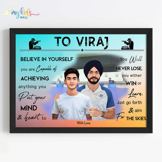 Motivational black wall frame of Sarabjot Singh with a child