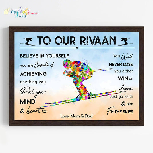 Motivational skiing player wall art black frame