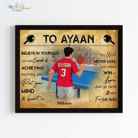 table tennis player boy personalized motivational wall art black frame