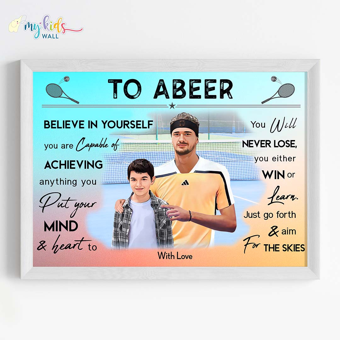 Alexander Zverev Motivational white wall frame of with a child
