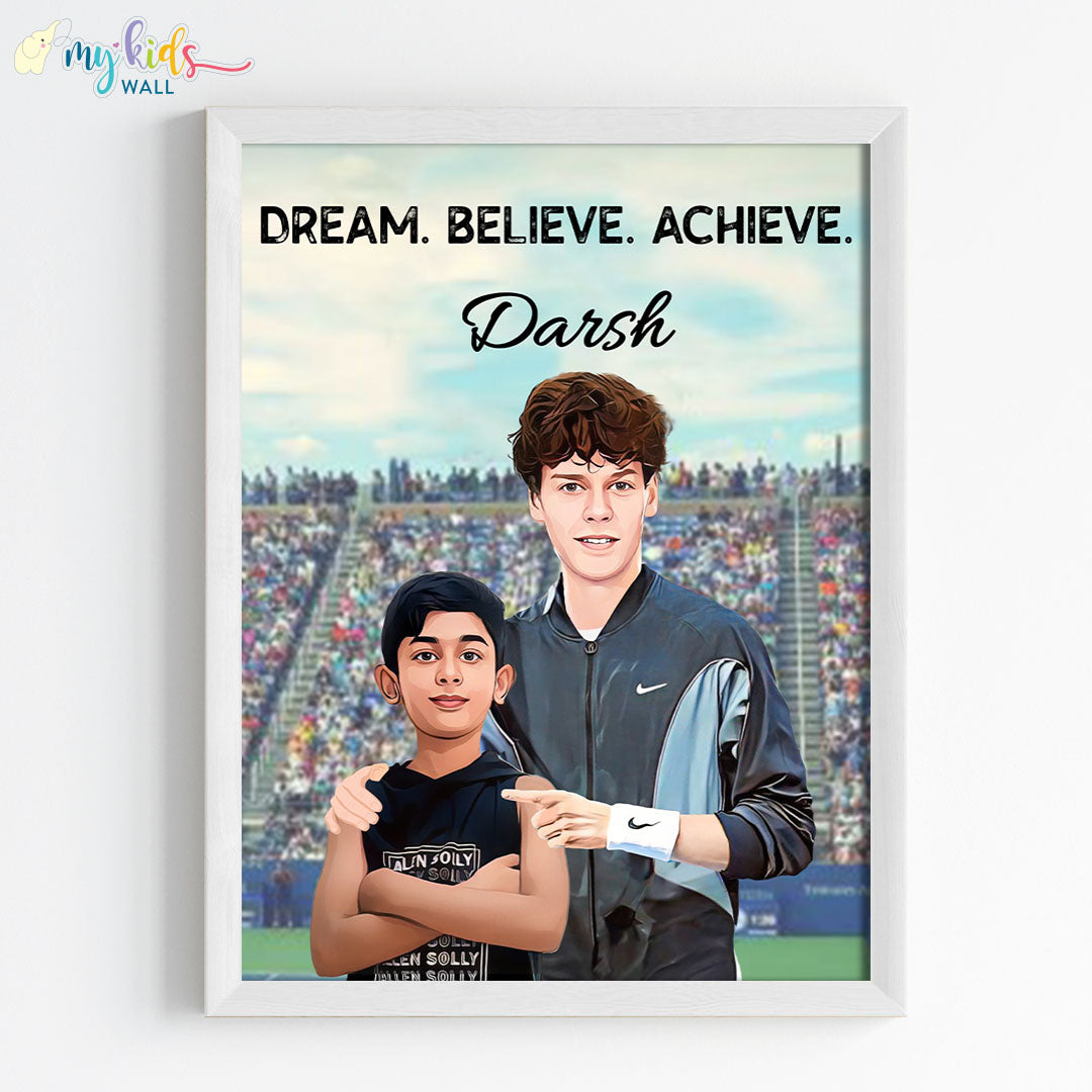 Inspirational white wall frame of Jannik Sinner with a child