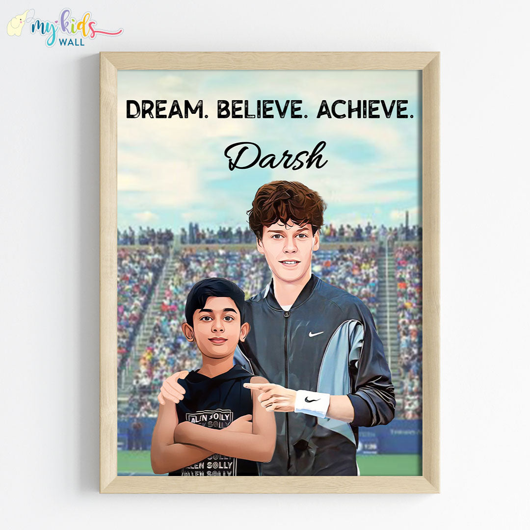 Inspirational wooden wall frame of Jannik Sinner with a child