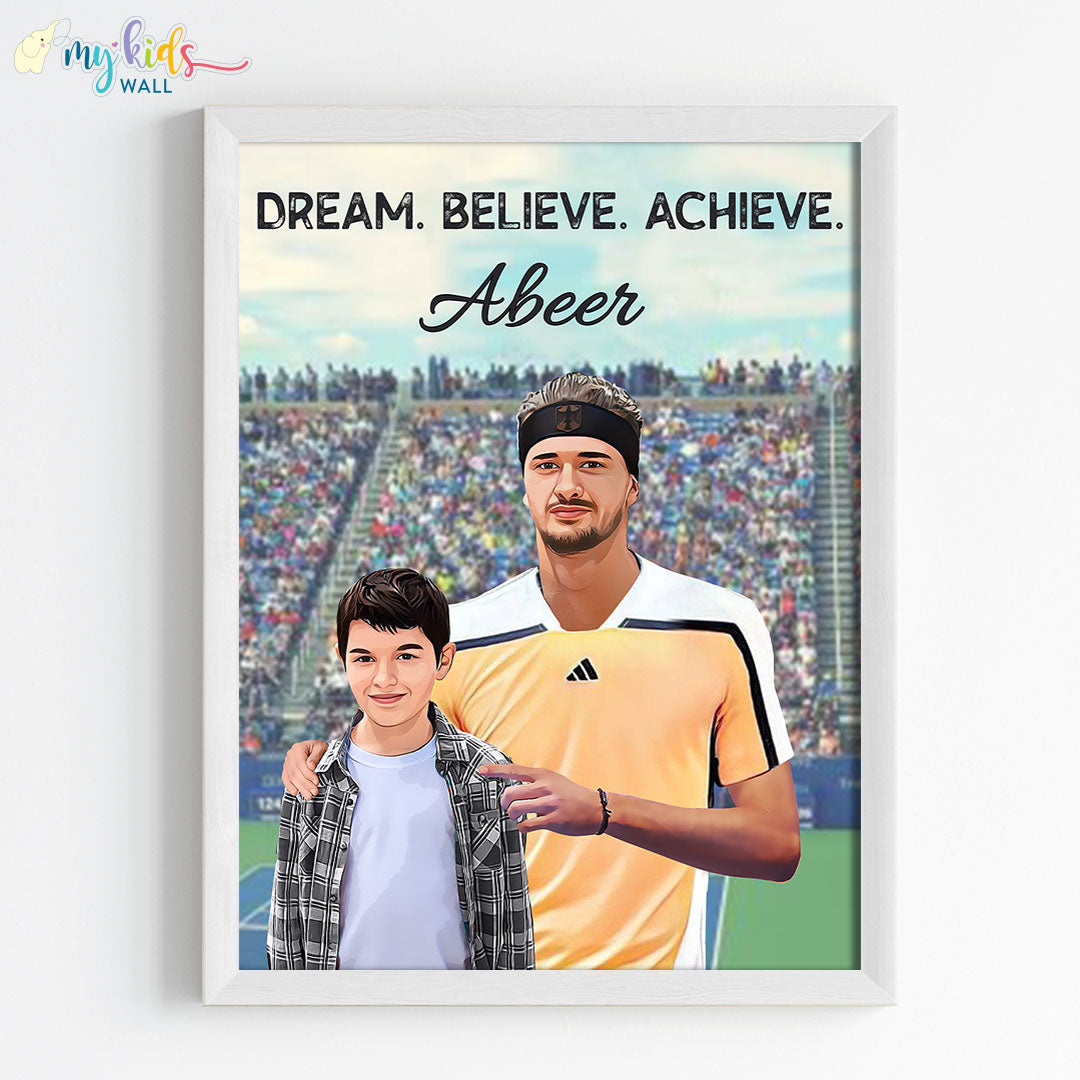 Inspirational white wall frame of Alexander Zverev with a child
