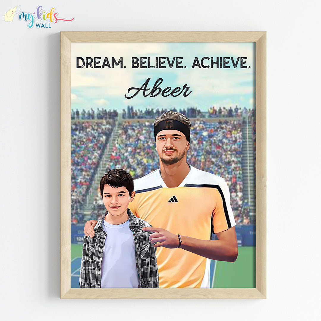 Inspirational wooden wall frame of Alexander Zverev with a child