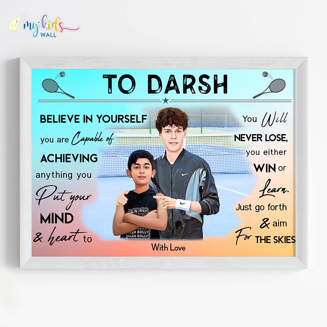 Jannik Sinner Motivational white wall frame of with a child