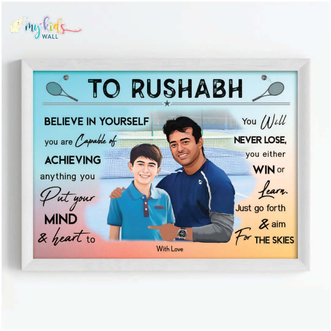 Motivational white wall frame of Leander Paes with a child