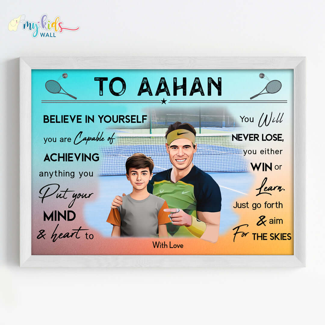 Motivational white wall frame of Rafael Nadal with a child