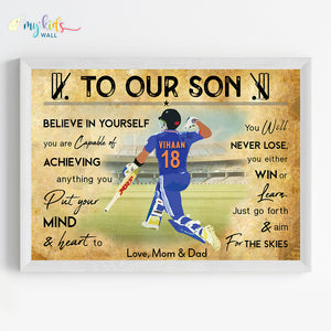 'Cricket Batsman Celebrating' Personalized Motivational Wall Art (Framed) New