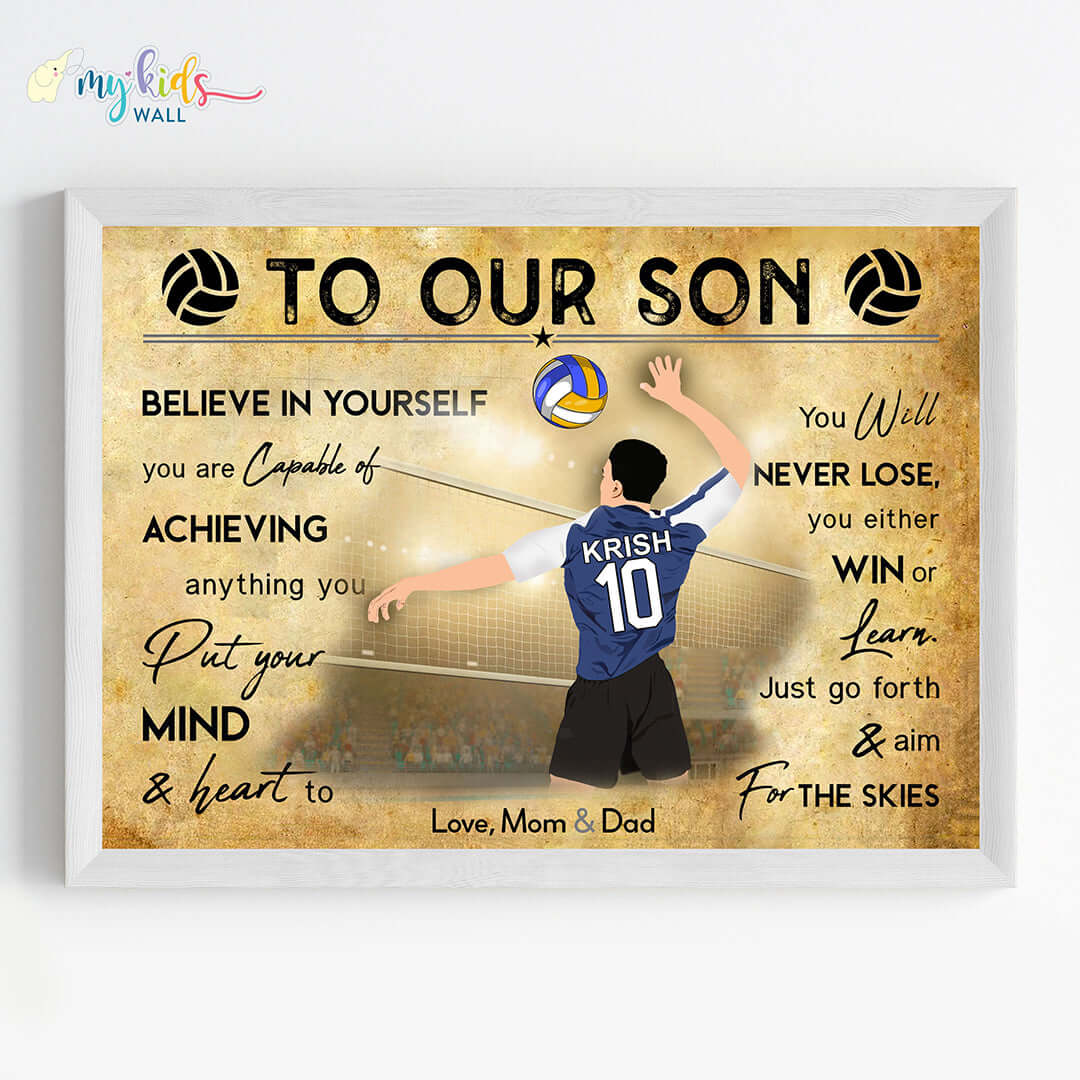 Motivational volleyball player boy wall art white frame