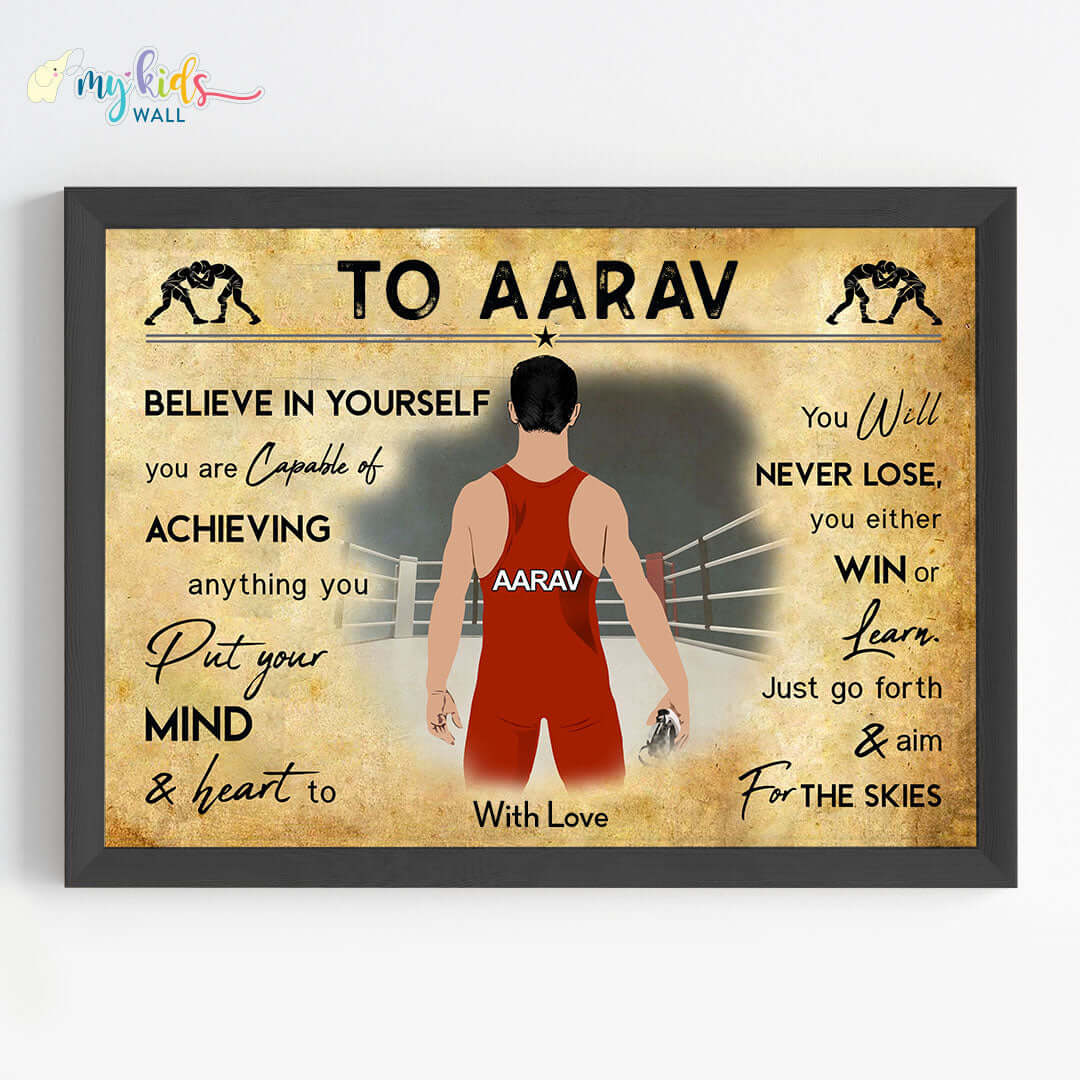 Motivational wrestler champion boy wall art black frame