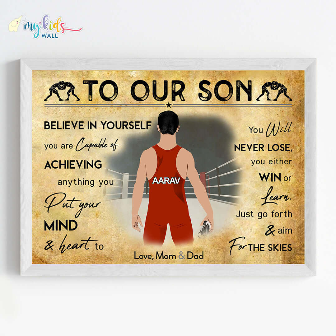 Motivational wrestler champion boy wall art white frame