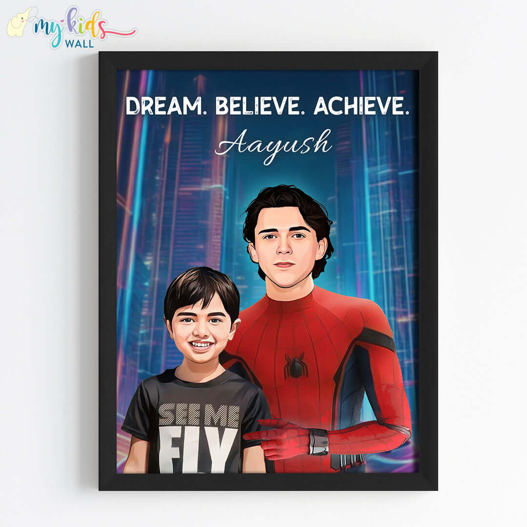 Spiderman portrait wall art featuring a child in black frame