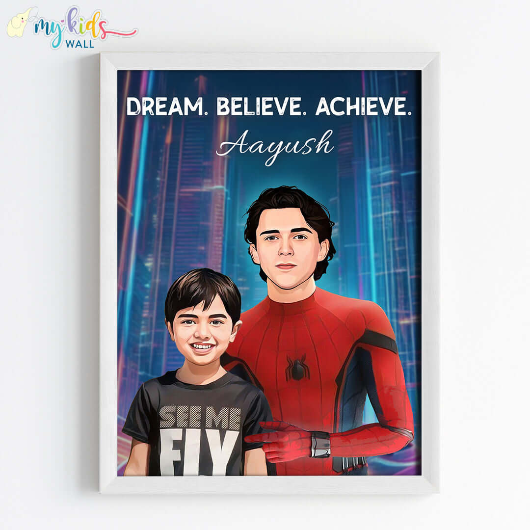 Spiderman portrait wall art featuring a child in white frame