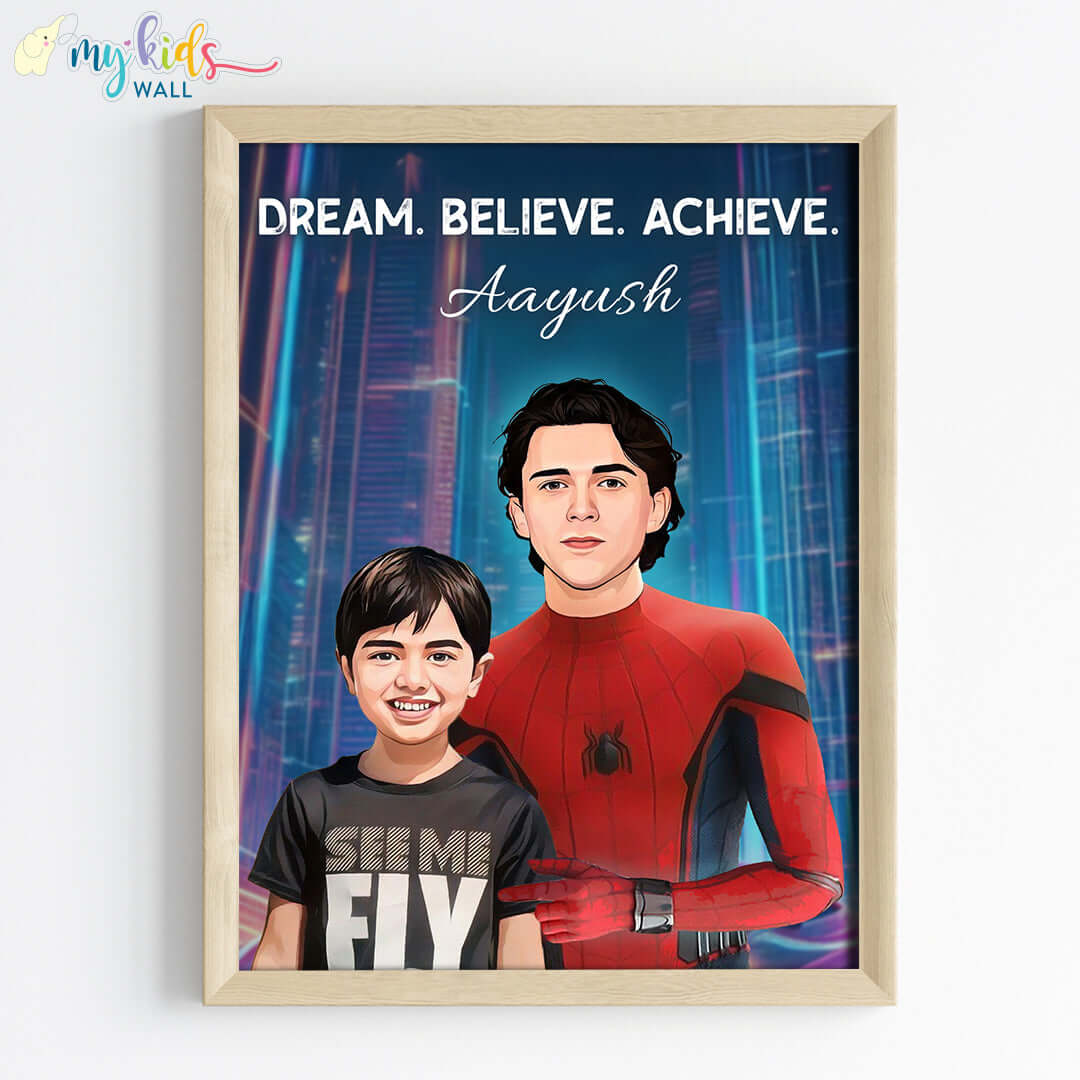 Spiderman portrait wall art featuring a child in wooden frame