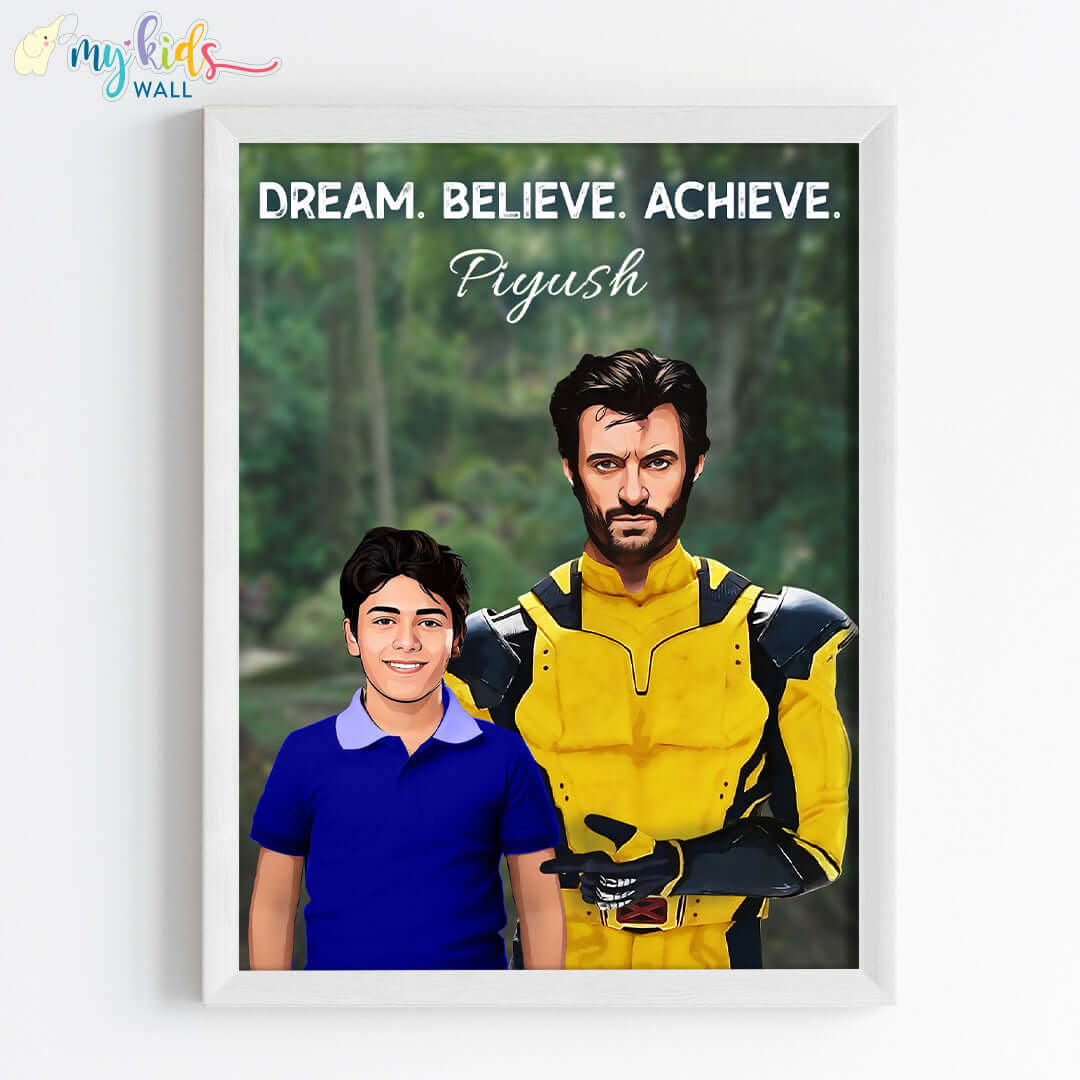 Wolverine portrait wall art featuring a child in white frame