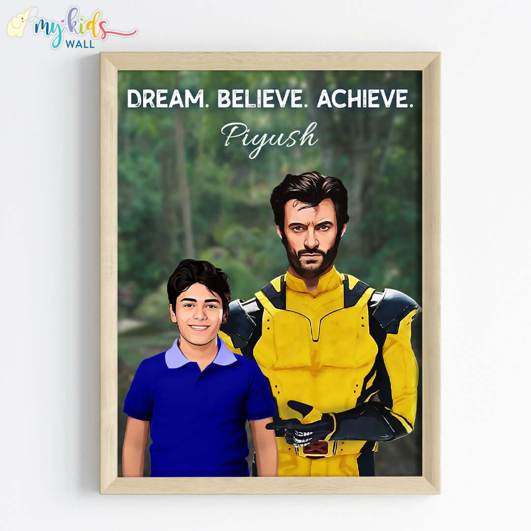 Wolverine portrait wall art featuring a child in wooden frame