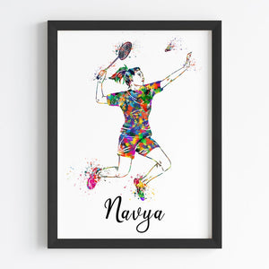 'Badminton Player' Girl Personalised Wall Art (Framed)