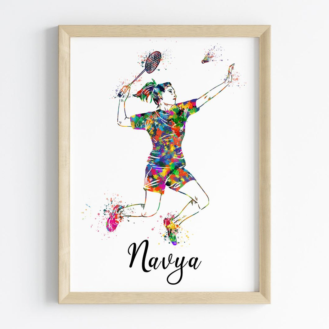 'Badminton Player' Girl Personalised Wall Art (Framed)
