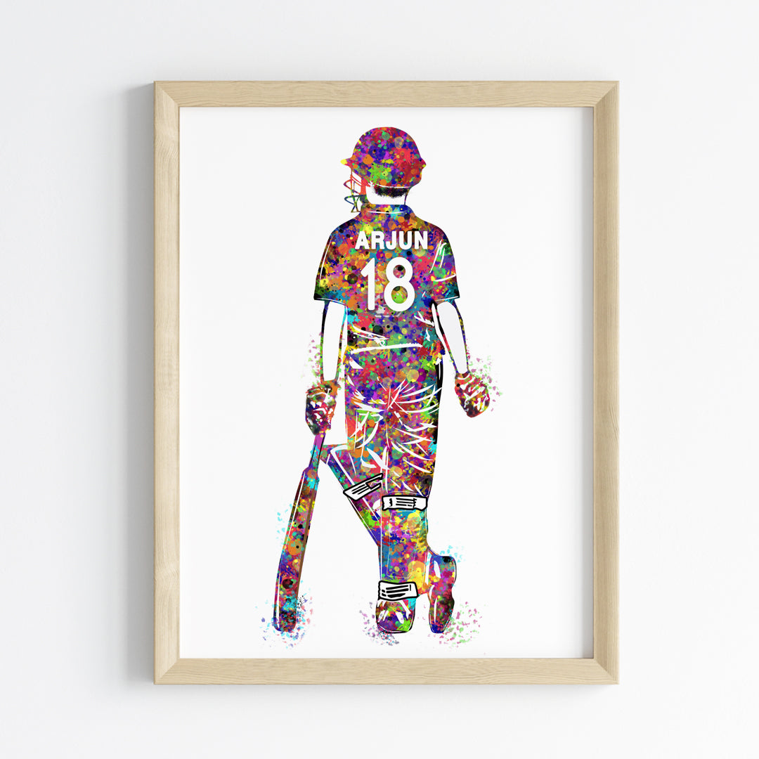 Cricket Player Boy Personalised Wall Art (Framed)