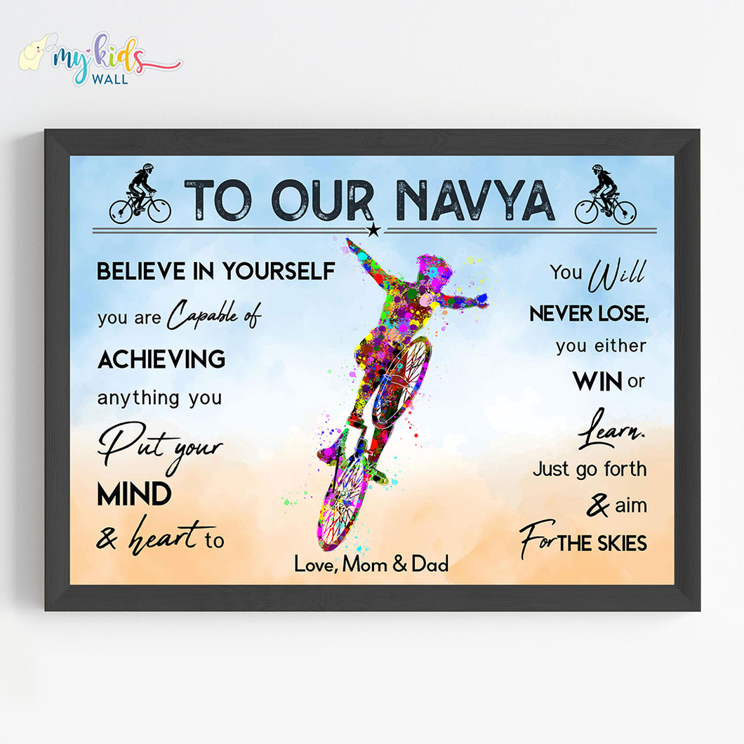 'Cycling Girl 'Multicolor Personalized Motivational Wall Art (Framed) New