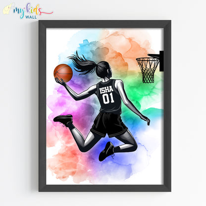 Basketball Girl Player Dunk Watercolor Personalized Wall Art (Framed) New