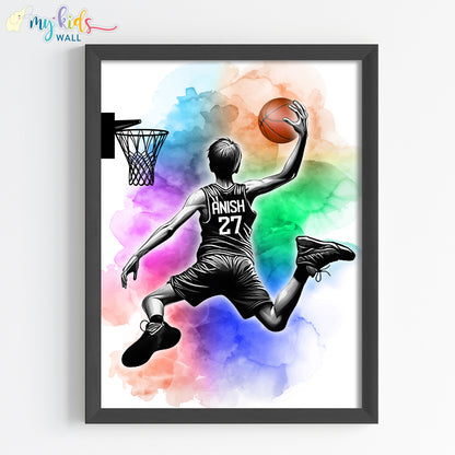 Basketball Player Dunk Watercolor Personalized Wall Art (Framed) New