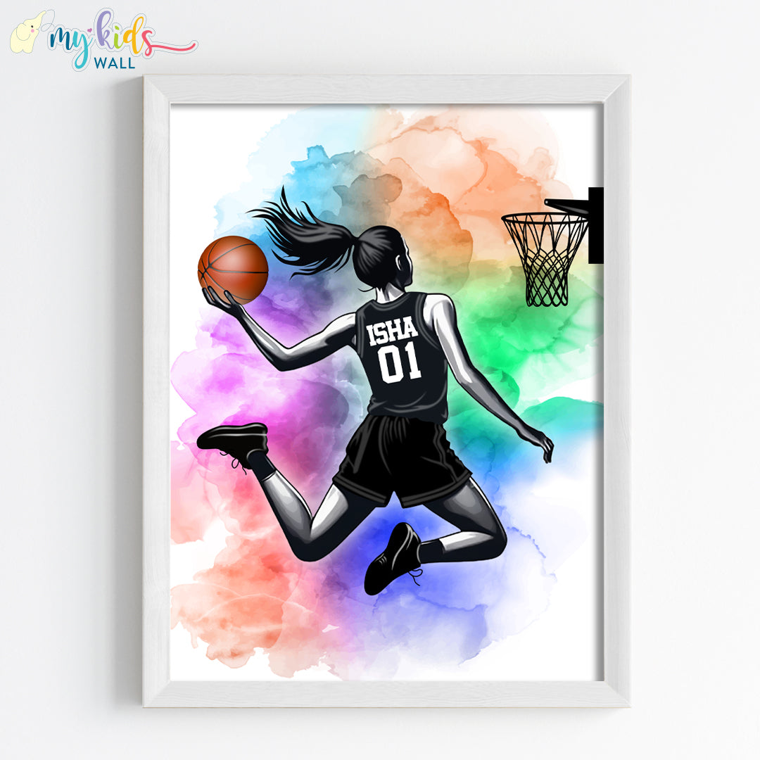 Basketball Girl Player Dunk Watercolor Personalized Wall Art (Framed) New