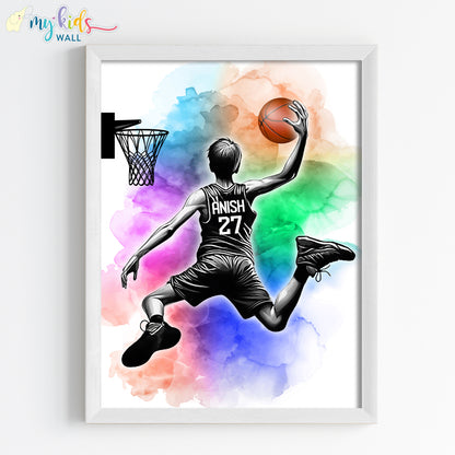 Basketball Player Dunk Watercolor Personalized Wall Art (Framed) New