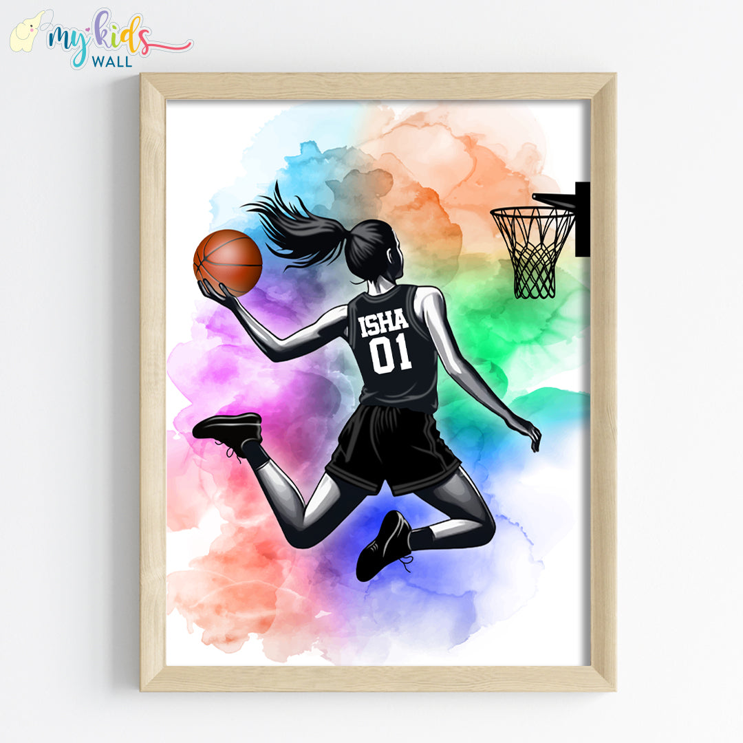 Basketball Girl Player Dunk Watercolor Personalized Wall Art (Framed) New