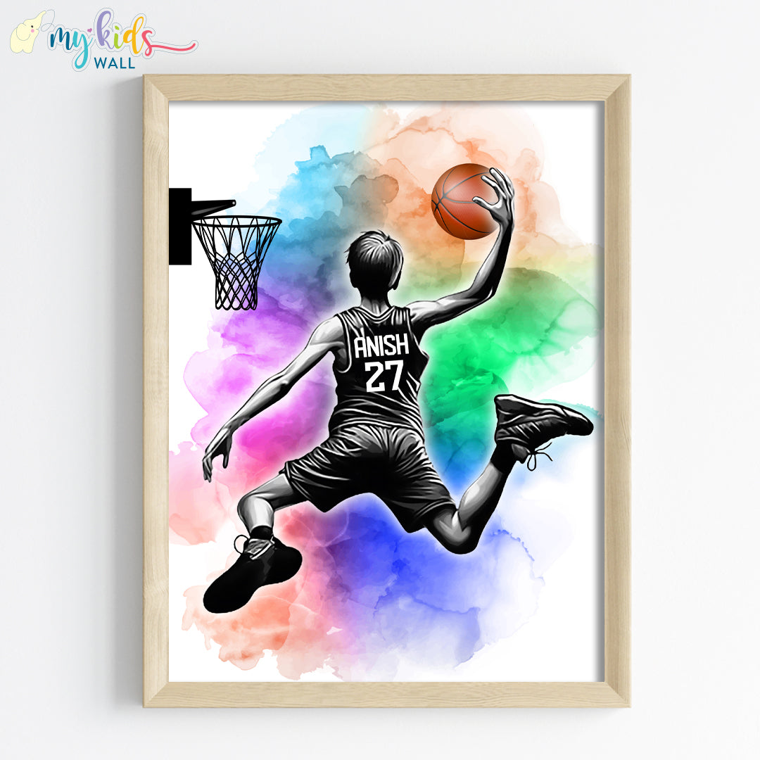 Basketball Player Dunk Watercolor Personalized Wall Art (Framed) New